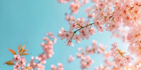 Wall Mural - Delicate cherry blossoms in soft pink hues framed by clear blue sky, blossoms positioned at the top left cascading towards center.