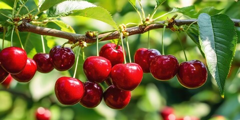 Wall Mural - Lush green cherry tree branches adorned with vibrant red ripe cherries under natural sunlight in a flourishing garden setting