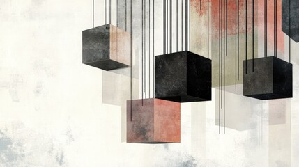 Aufkleber - Floating cubes and vertical lines in an abstract geometric composition, combining depth, modern aesthetics, and minimalist design.