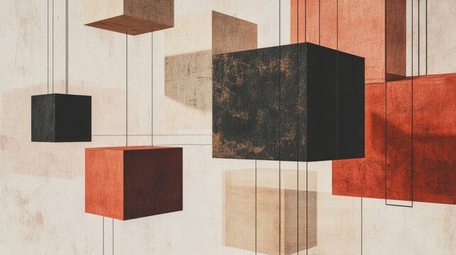 Floating cubes and vertical lines in an abstract geometric composition, combining depth, modern aesthetics, and minimalist design.