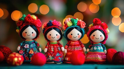 Aufkleber - Four cute dolls in colorful traditional attire, surrounded by red decorations, creating a joyful festive mood. Perfect for celebrating cultural events and traditions.