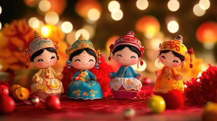 Aufkleber - Four cute dolls in colorful traditional attire, surrounded by red decorations, creating a joyful festive mood. Perfect for celebrating cultural events and traditions.