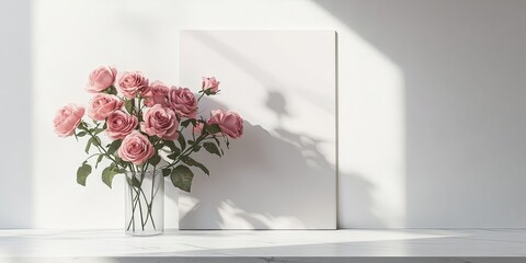 Wall Mural - Roses in a clear vase positioned to the left with light pink petals and green leaves against a white background and blank canvas on the right