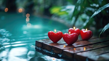 Wall Mural - Four red heart-shaped candles resting on a wooden platform in a tranquil pool, glowing softly amidst lush greenery, creating a peaceful romantic setting.