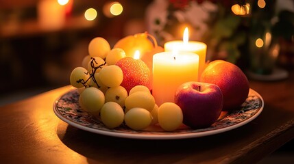 Poster - Fresh fruits and candles arranged on a decorative plate, creating a cozy and inviting atmosphere with soft, ambient lighting.