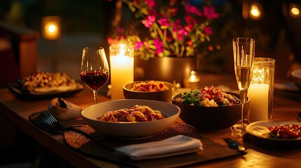 Poster - Romantic candlelight dinner setup with Korean cuisine dishes, wide space for text