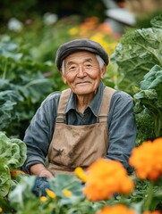 Fototapete - Lush vegetable garden filled with fresh produce and a smiling elderly gardener enjoying his day outside. Generative AI