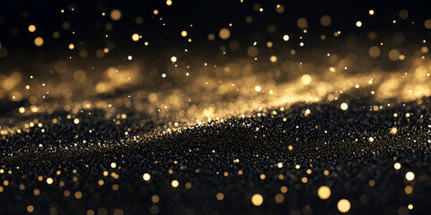 Poster - Golden Stardust: Abstract image of shimmering golden particles floating and swirling against a deep black background, creating a sense of magical wonder and cosmic mystery. 