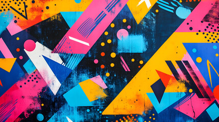 Poster - Geometric Abstract:  Bold, vibrant hues dance in a dynamic composition of geometric shapes and abstract patterns.  A kaleidoscope of color against a dark background.