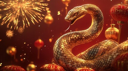 Wall Mural - A vibrant Chinese New Year 2025 greeting card design featuring the snake zodiac sign in gold, coiled elegantly with intricate traditional patterns,