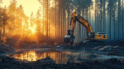 Poster - Heavy machinery in a coal mine, with an excavator digging into the ground, showcasing the industry role in energy production and resource extraction.