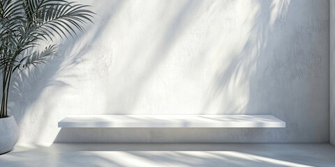 Canvas Print - Bright white wooden shelf against a light grey wall with soft shadows and a potted palm plant on the left in a sunlit room setting