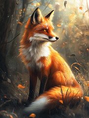 Poster - Beautiful red fox in a serene autumn forest with falling leaves