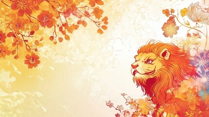 Wall Mural - A vibrant Chinese New Year background featuring a lion and colorful flower branches.