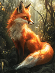 Poster - Majestic red fox in a sunlit forest with golden autumn leaves