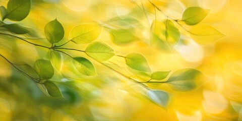 Wall Mural - Abstract blurred photography with green and yellow leaves creating a soft background pattern; gentle branches positioned diagonally across the frame.