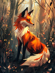 Poster - Elegant red fox sitting in a glowing autumn forest with golden leaves