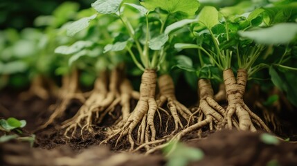 Poster - In a peaceful environment, ashwagandha plants grow with strong green leaves and roots, demonstrating the herb natural resilience and vitality in the wild.