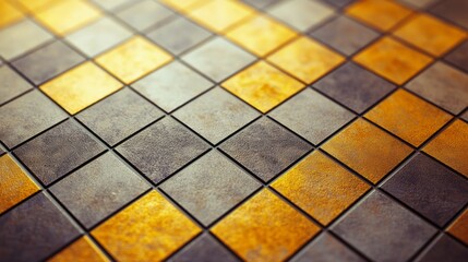 Poster - Bold geometric grid patterns dominate the composition, showcasing a striking contrast between golden and gray tiles. The arrangement highlights depth and texture, inviting exploration