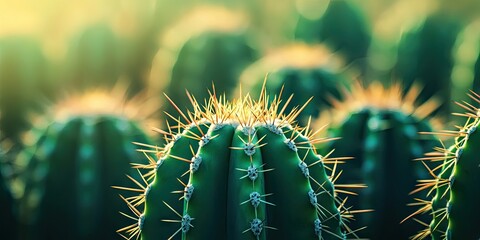 Wall Mural - Close-up of vibrant green cactus with sharp golden thorns in soft focus, blurred cacti background, illuminated by warm sunlight creating a serene ambiance