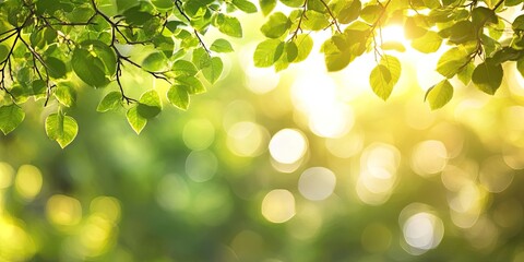 Wall Mural - Fresh green leaves in soft focus create a warm summer backdrop with illuminated bokeh highlights in shades of green and yellow, ample copy space.