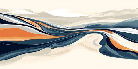 Poster - Fluid Abstract Landscape: A mesmerizing abstract landscape rendered in swirling hues of blue, orange, and white.  The dynamic flow of color evokes a sense of movement.