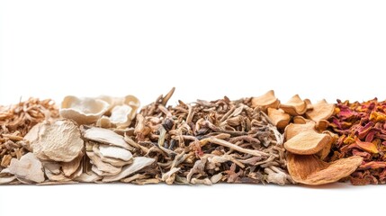 Poster - Isolated dried Chinese herbs captured in a macro shot against a white backdrop, focusing on the intricate details of traditional herbal medicine.