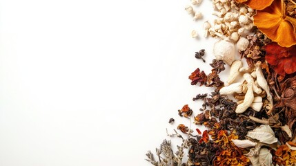 Poster - Isolated dried Chinese herbs captured in a macro shot against a white backdrop, focusing on the intricate details of traditional herbal medicine.