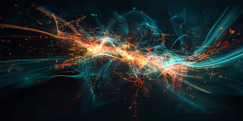 Poster - Abstract Energy Burst:  A mesmerizing blend of turquoise and orange light streaks and particles dances and explodes on a dark background, evoking a sense of dynamism and cosmic energy.