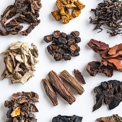 Poster - Macro shot of isolated dried Chinese herbs against a white backdrop, showcasing the intricate details of traditional medicine