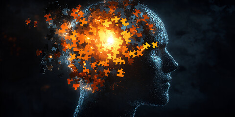 Poster - Mind Puzzle: A digital rendering of a human profile formed by scattered puzzle pieces, emanating a warm, golden light, symbolizing the intricate and dynamic nature of thought and imagination.