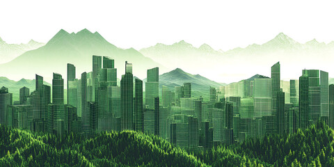 Poster - Green Cityscape: A futuristic, eco-friendly metropolis nestled amidst lush green mountains, symbolizing sustainable urban development and harmony between nature and city life.