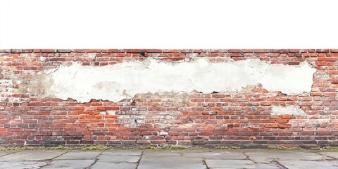 Wall Mural - Textured red brick wall with peeling white paint, solid color backdrop, flat stone ground with green hues, creating a rustic atmosphere.