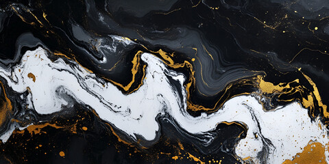 Poster - Abstract Swirls of Gold, Black, and White: A captivating abstract background image featuring a mesmerizing interplay of black, white, and gold paint swirls.