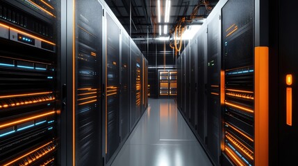 Poster - Rows of servers and bright orange cables in a high-tech server room, showcasing the complex data storage and processing network of a modern technological environment.