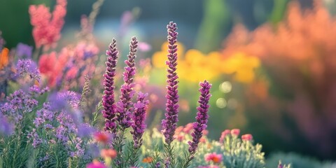 Wall Mural - Vibrant multi-colored flowers in a garden setting with dominant purple hues on the left, blurred warm tones in the background, soft sunlight.