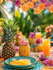 Aufkleber - Summer picnic with tropical drinks and fresh pineapples set among vibrant flowers and lush greenery. Generative AI