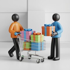 Aufkleber - Two 3D figures shopping for colorful gift boxes in a supermarket cart.