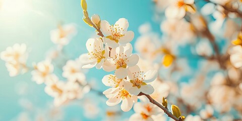 Wall Mural - Pristine almond blossoms with golden stamens in soft white hues against a vivid blue sky with sunlight filtering through delicate petals.