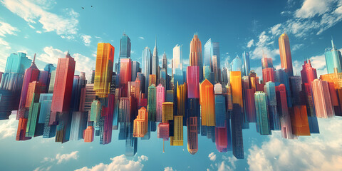 Aufkleber - vibrant cityscape: a mesmerizing cityscape bursts with color and energy, as stylized skyscrapers pie