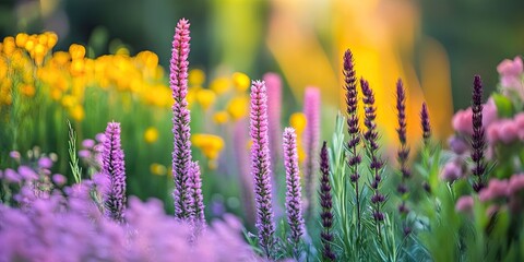 Wall Mural - Vibrant garden scene featuring tall purple and pink Calluna blooms amidst yellow flowers and a soft blurred background of greenery.