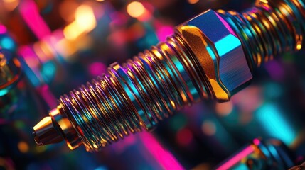Poster - The close-up of a spark plug shows off its complex design and metallic details, illuminated with bright, vibrant colors to capture its fine craftsmanship.