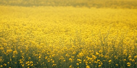 Wall Mural - Vibrant yellow canola flower field cascading under soft sunlight with blurred horizon creating a serene coastal landscape impression