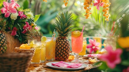 Aufkleber - Summer picnic featuring tropical drinks and pineapples in a lush garden setting. Generative AI