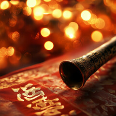 Poster - Close-up of ornate golden horn on red fabric with warm festive bokeh lights