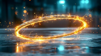 Poster - Glowing Circular Spark Trail on a Reflective Surface Featuring Dynamic Light Effects in a Low-Light Urban Environment