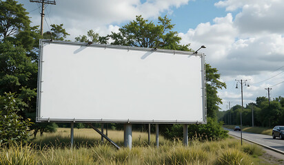 A blank billboard stands beside a highway, offering prime advertising space against a backdrop of blue skies and passing cars.