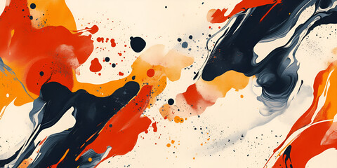 Poster - Abstract Fluid Art: A mesmerizing blend of vibrant hues - deep black, bold orange, and fiery red - intertwine in an ethereal dance of liquid swirls and splatters.
