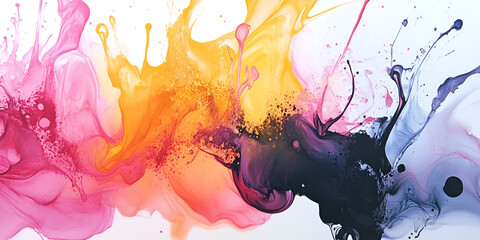 Poster - Abstract Liquid Art: A mesmerizing abstract artwork featuring vibrant splashes of pink, yellow, orange, purple, and grey paint, creating an organic and flowing composition.