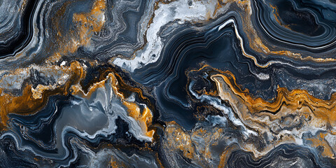 Poster - Abstract Swirl of Blue and Gold: A mesmerizing abstract artwork featuring swirling patterns in shades of deep blue, grey, and shimmering gold.